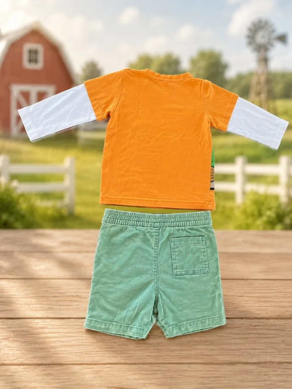 H&M Farm Animal Shirt + Cat & Jack Green Shorts Toddler 18-24M Outfit Set